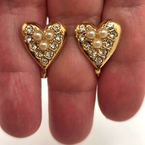 Vintage Gold Plated Heart Earrings with Faux Pearls Crystals Clip On
